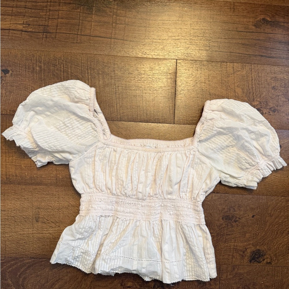 Light Pink Puff Sleeve Smocked Peplum Top